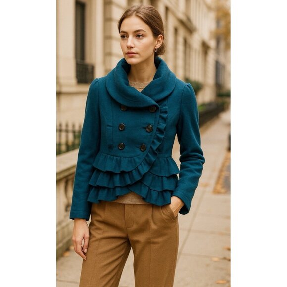 Elevenses Anthropologie Blue Tweed Ruffle Peacoat Jacket SZ 4 Cowl Neck Romantic - Picture 1 of 10